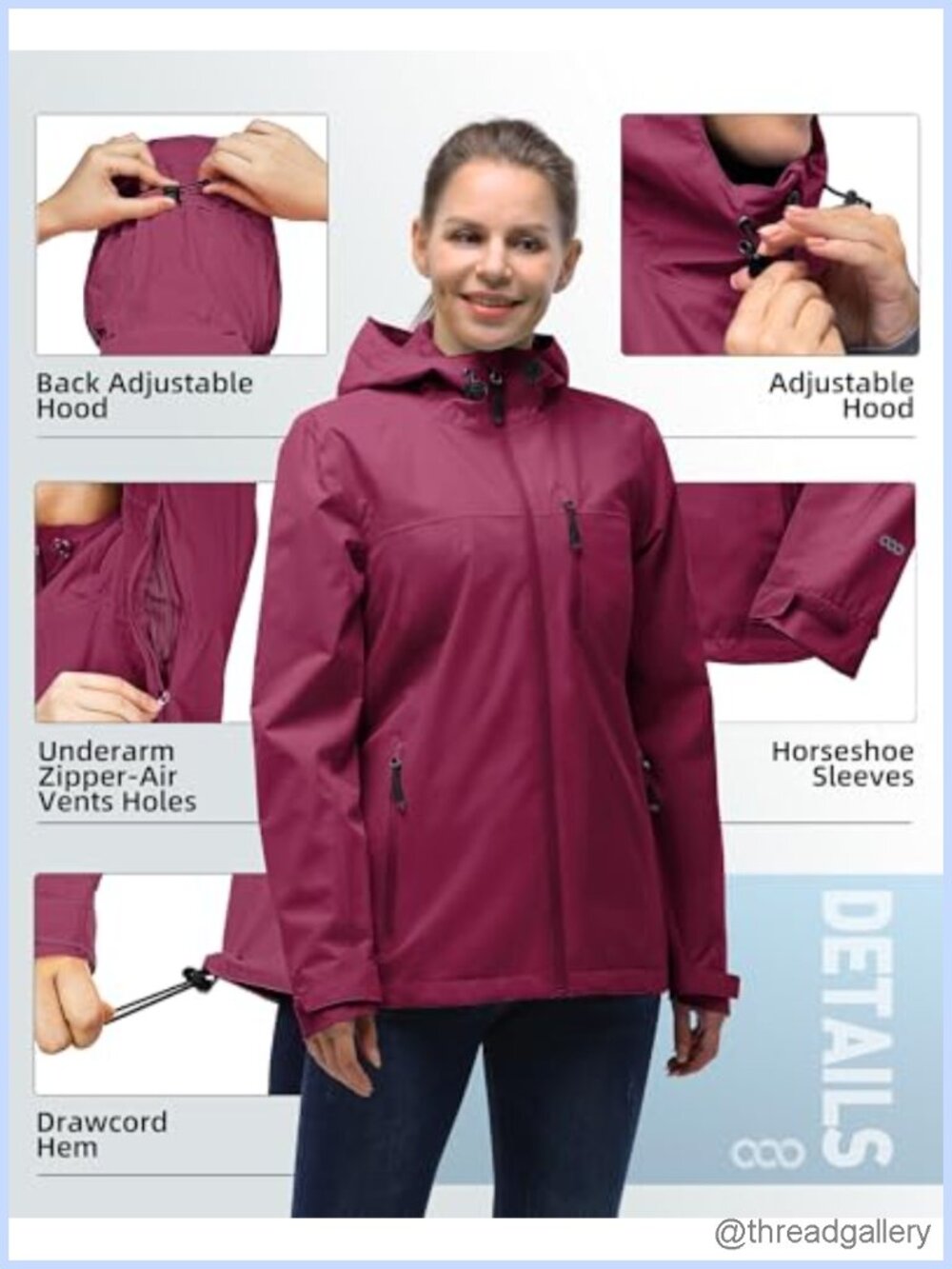Packable Waterproof Rain Jacket with Hood Womens Raincoat - Picture 3 of 6